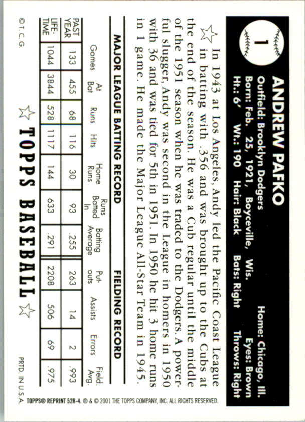 2002 Topps 1952 Reprints #52R4 Andy Pafko back image