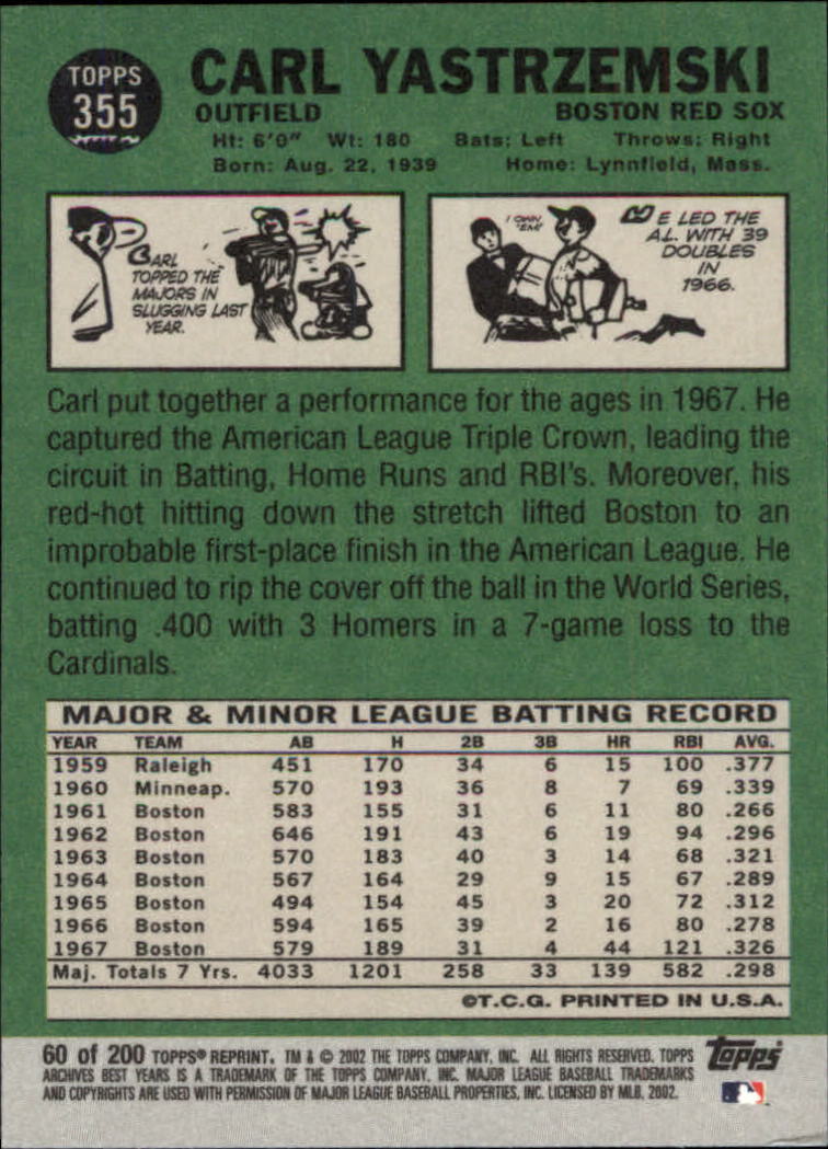2002 Topps Archives #60 Carl Yastrzemski 67 back image