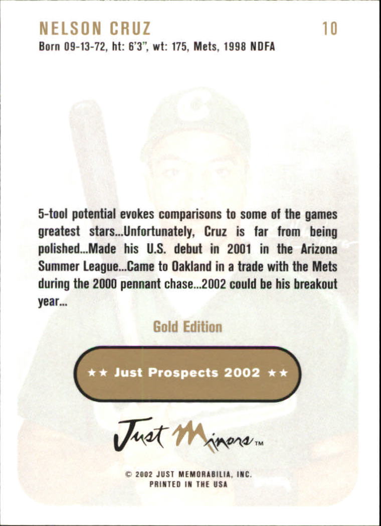 2002 Just Prospects Gold #10 Nelson Cruz back image