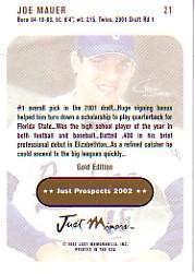 2002 Just Prospects Gold #21 Joe Mauer back image