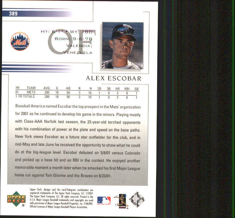 2002 Upper Deck #389 Alex Escobar back image