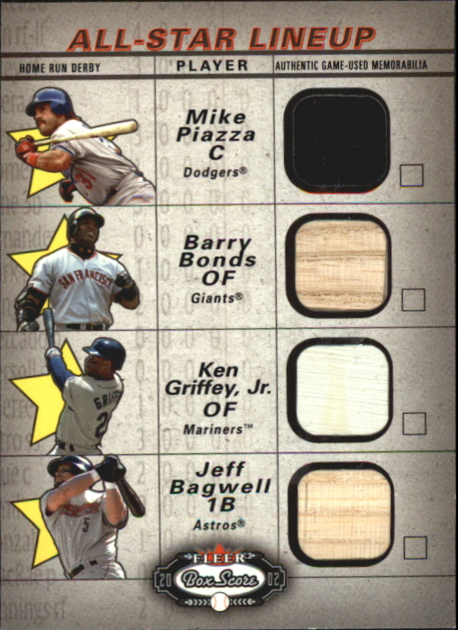 2002 Fleer Box Score All-Star Lineup Game Used #7 Mike Piazza Jsy/Barry Bonds Bat/Ken Griffey Jr. Base/Jeff Bagwell Bat