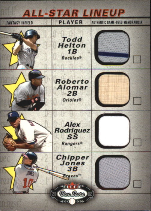 2002 Fleer Box Score All-Star Lineup Game Used #9 Todd Helton Jsy/Roberto Alomar Bat/Alex Rodriguez Jsy/Chipper Jones Jsy
