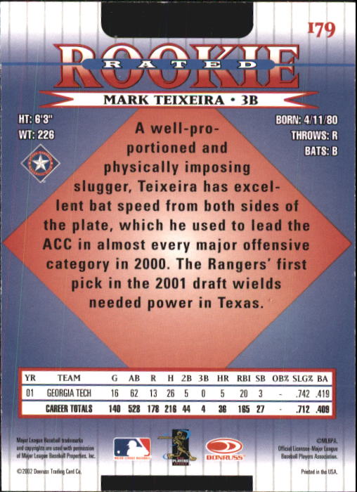 2002 Donruss #179 Mark Teixeira RR back image