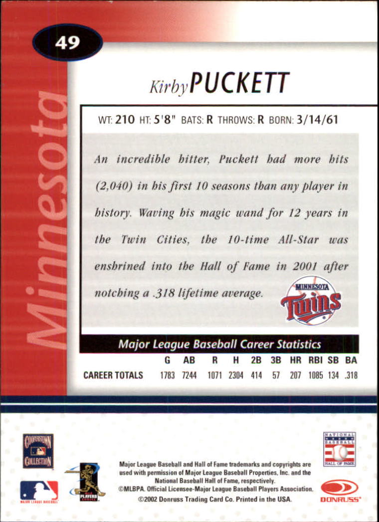 2002 Leaf Certified #49 Kirby Puckett back image