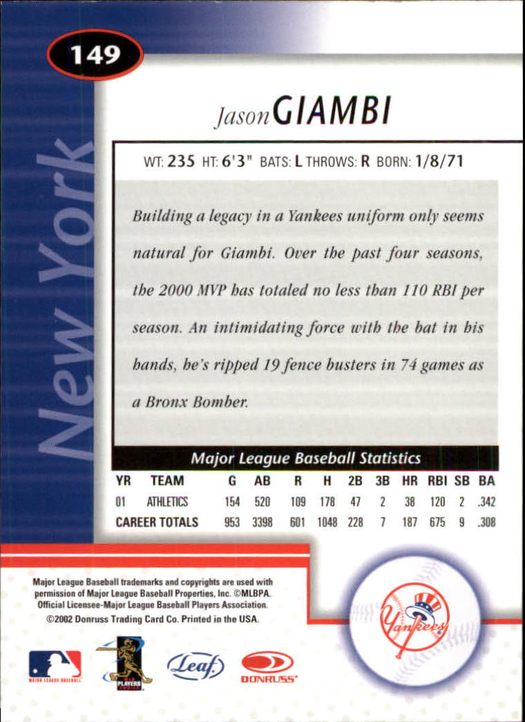2002 Leaf Certified #149 Jason Giambi back image