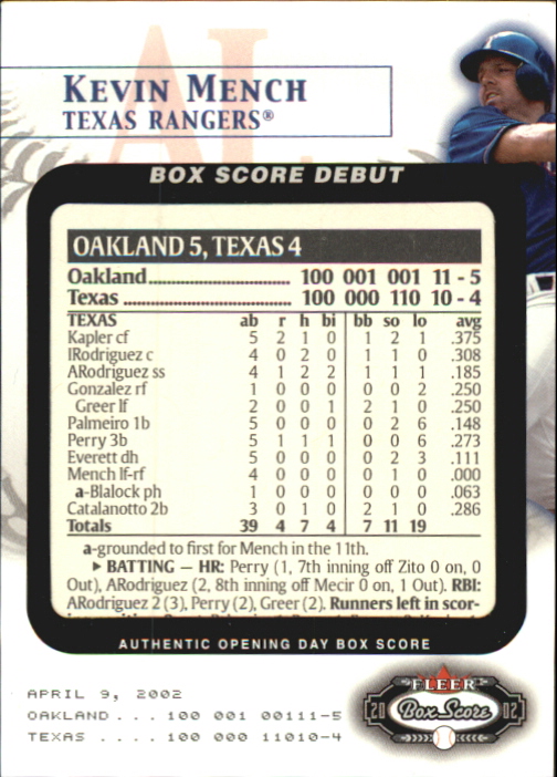 2002 Fleer Box Score Debuts #8 Kevin Mench