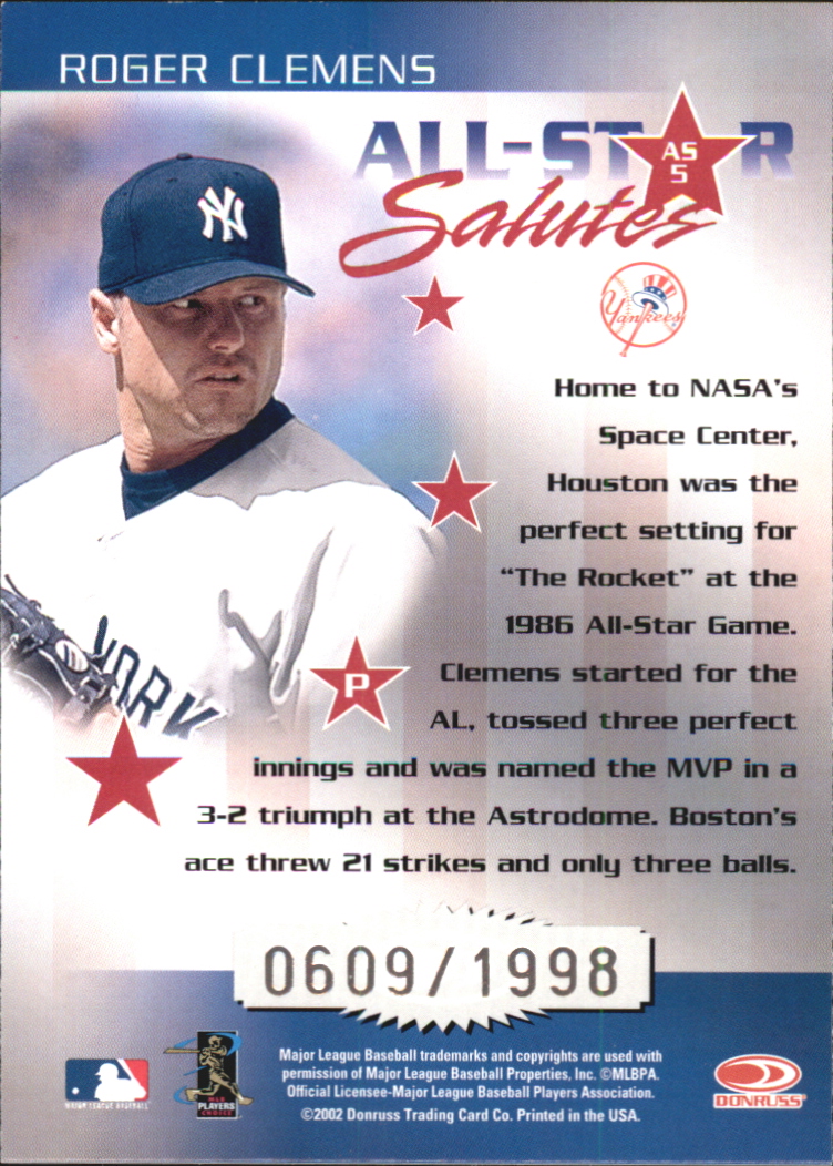 2002 Donruss Elite All-Star Salutes #5 Roger Clemens/1998 back image
