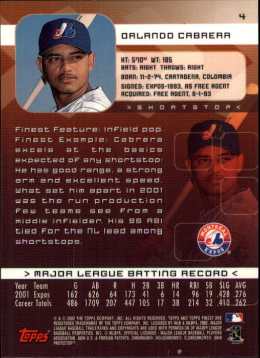 2002 Finest #4 Orlando Cabrera back image