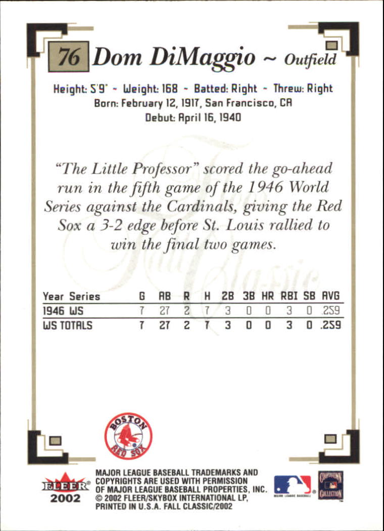 2002 Fleer Fall Classics #76 Dom DiMaggio back image