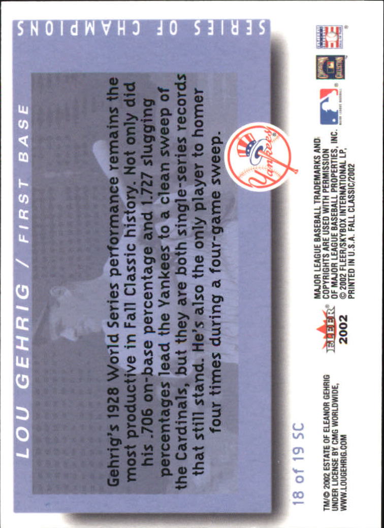 2002 Fleer Fall Classics Series of Champions #18 Lou Gehrig back image
