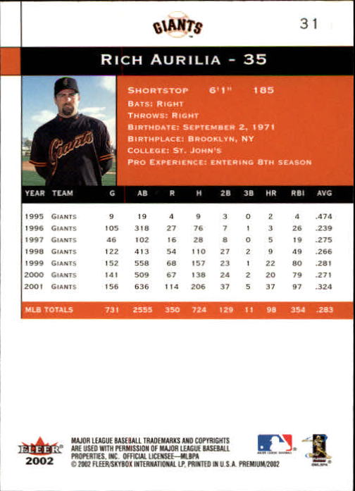 2002 Fleer Premium #31 Rich Aurilia back image