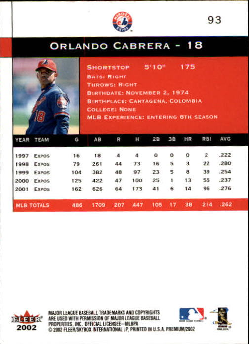 2002 Fleer Premium #93 Orlando Cabrera back image