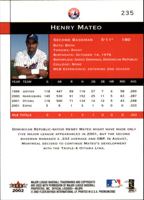 2002 Fleer Premium #235 Henry Mateo PROS back image
