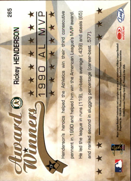 2002 Leaf Rookies and Stars #265 Rickey Henderson 90 MVP back image
