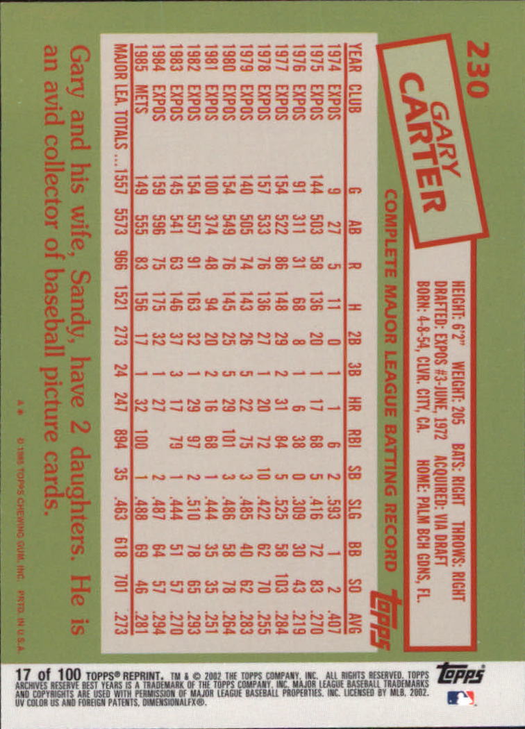 2002 Topps Archives Reserve #17 Gary Carter 85 back image