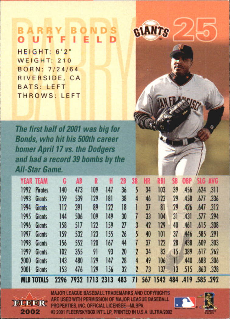 2002 Ultra #25 Barry Bonds back image