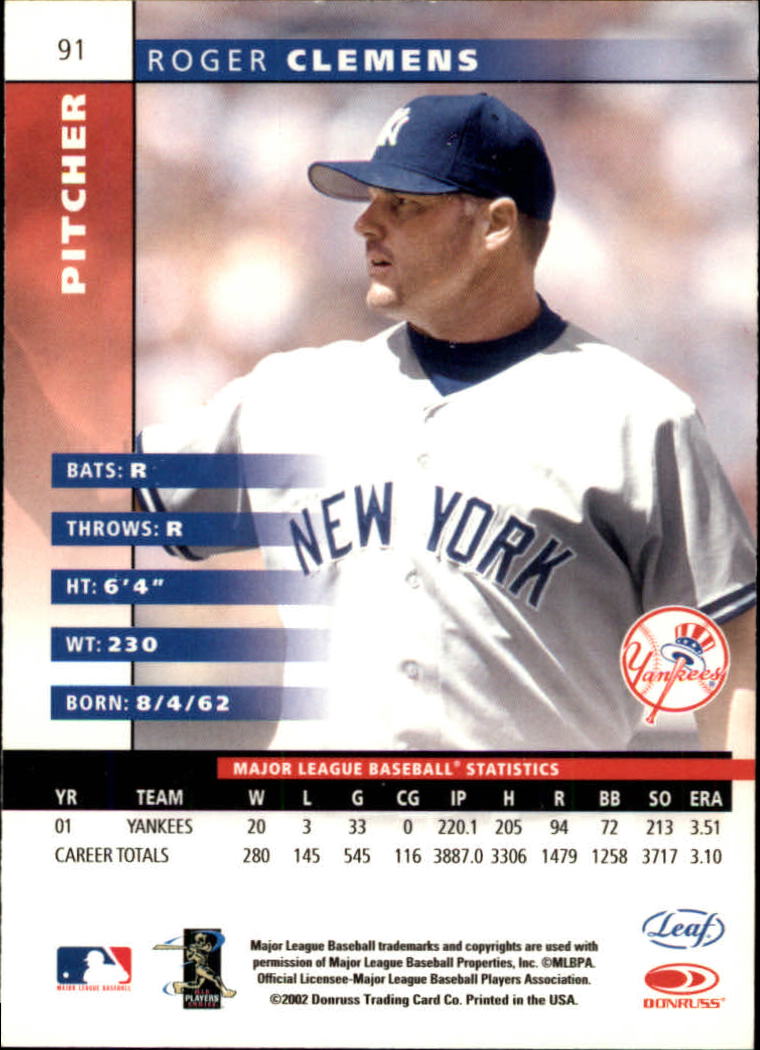 2002 Leaf #91 Roger Clemens back image