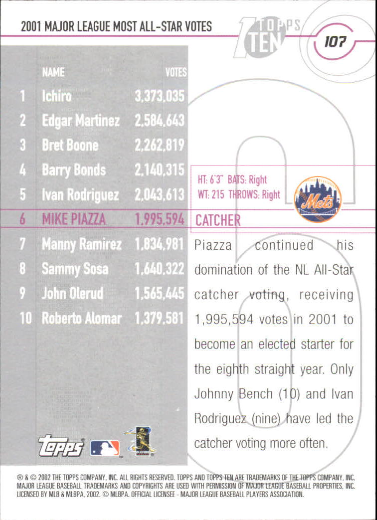 2002 Topps Ten #107 Mike Piazza AS VOTE back image