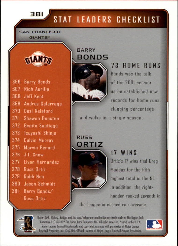 2002 Upper Deck Victory #381 B.Bonds/R.Ortiz back image
