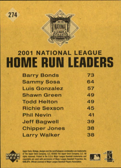 2002 Upper Deck Vintage #274 Bonds/Sosa/L.Gonz LL back image