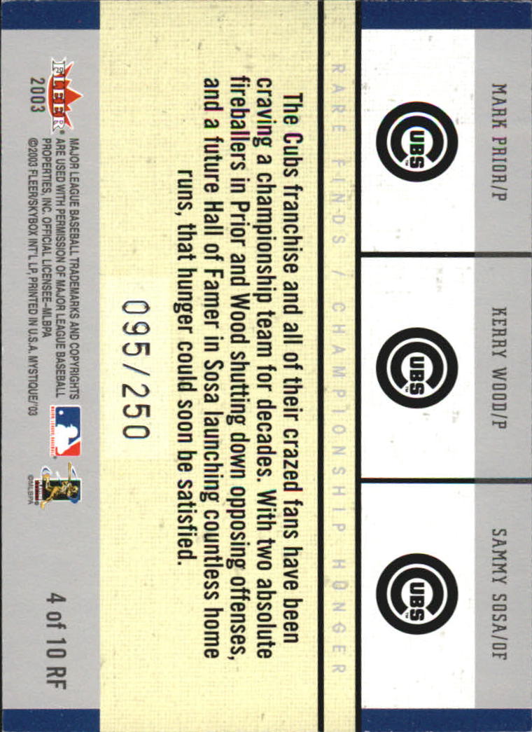 2003 Fleer Mystique Rare Finds #4 Prior/Wood/Sosa back image