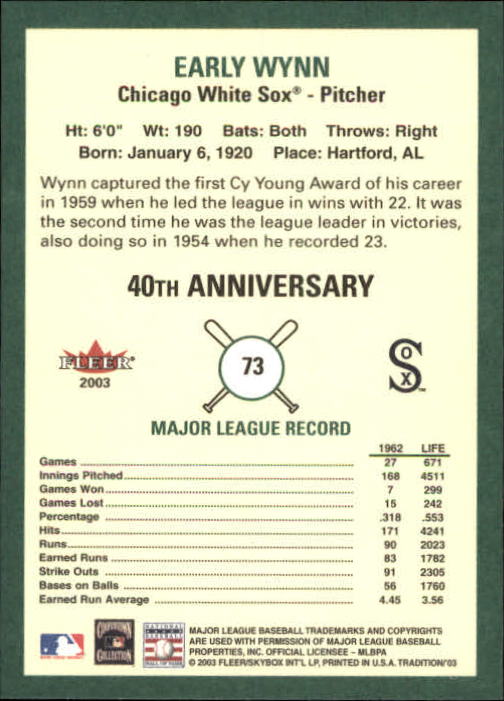 2003 Fleer Tradition #73 Early Wynn ML SP back image