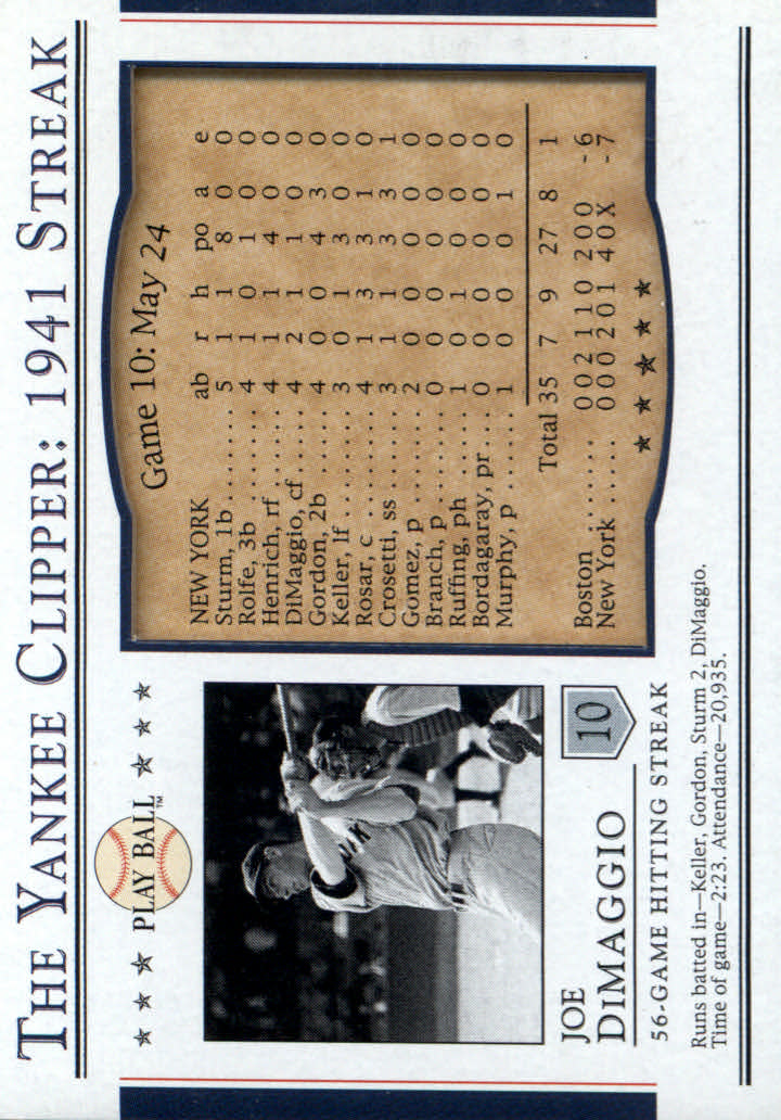 2003 Upper Deck Play Ball Yankee Clipper 1941 Streak #S10 Joe DiMaggio 41