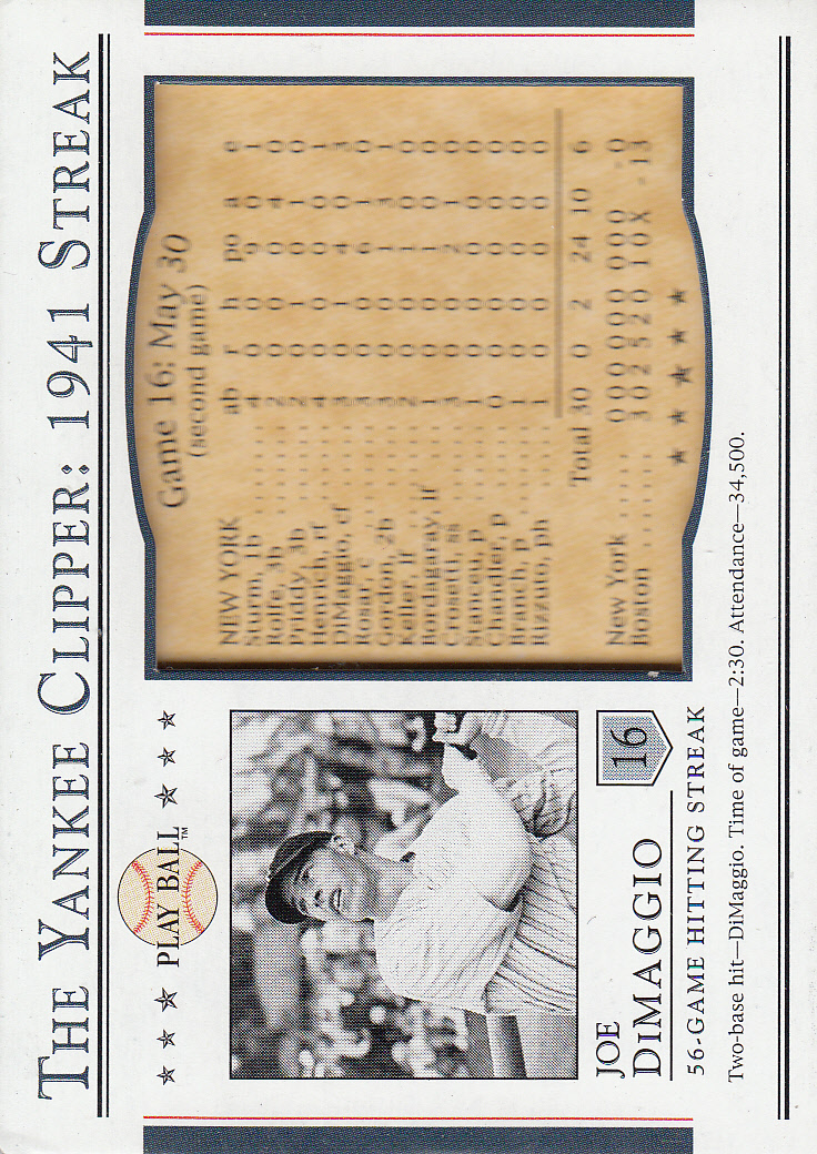 2003 Upper Deck Play Ball Yankee Clipper 1941 Streak #S16 Joe DiMaggio 41