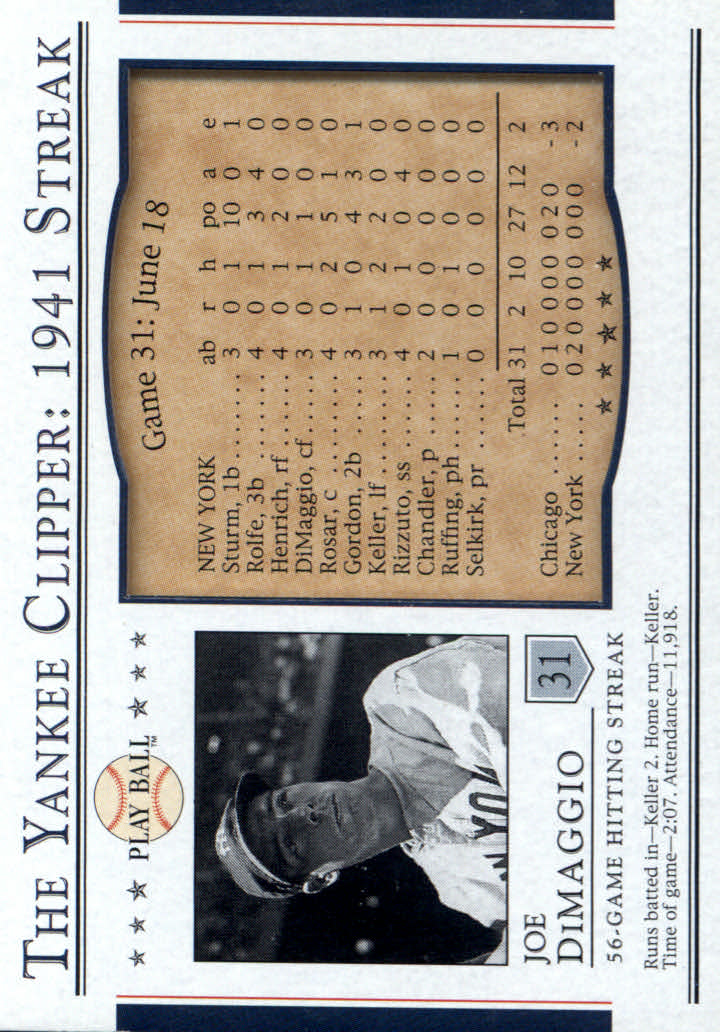 2003 Upper Deck Play Ball Yankee Clipper 1941 Streak #S31 Joe DiMaggio 41