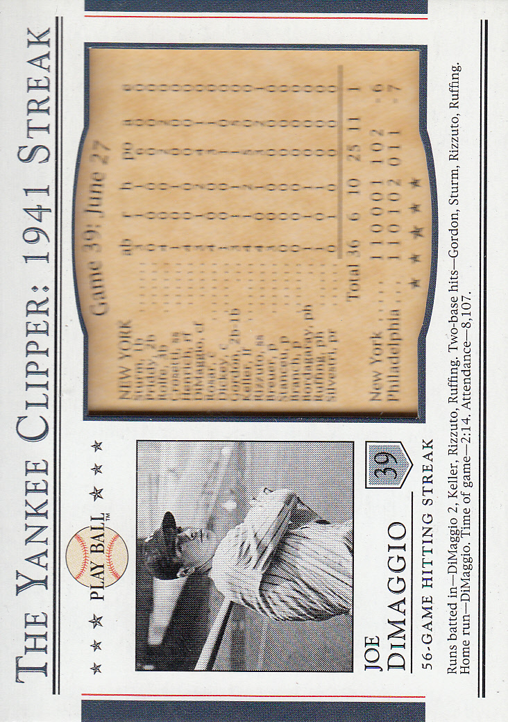 2003 Upper Deck Play Ball Yankee Clipper 1941 Streak #S39 Joe DiMaggio 41