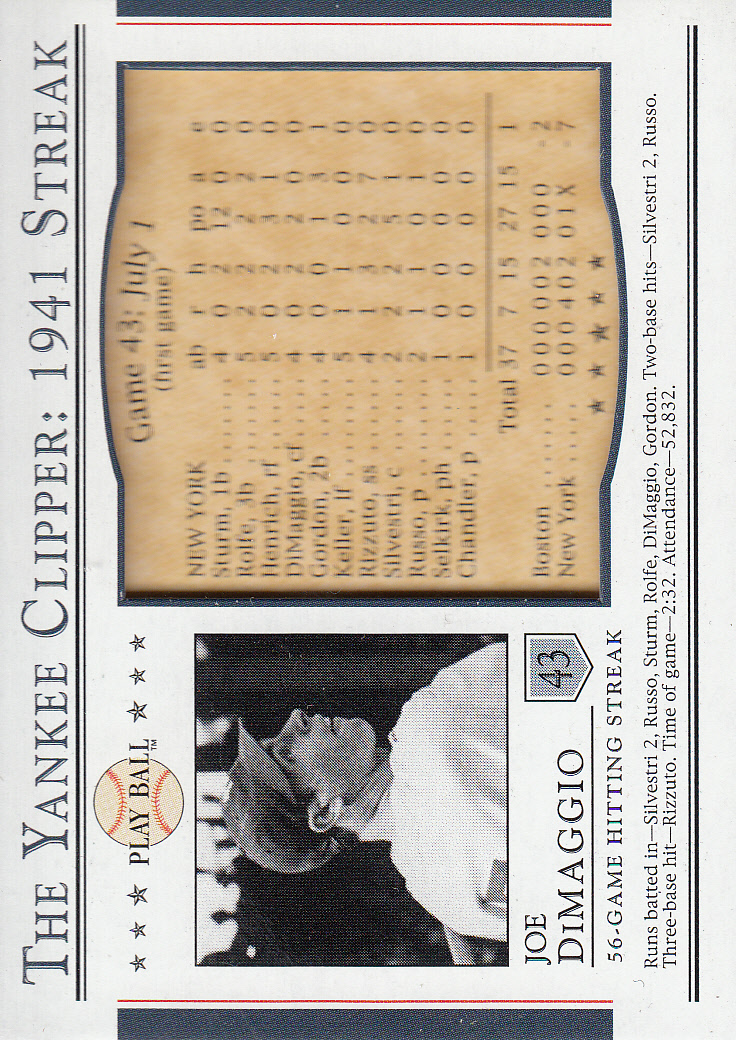 2003 Upper Deck Play Ball Yankee Clipper 1941 Streak #S43 Joe DiMaggio SI