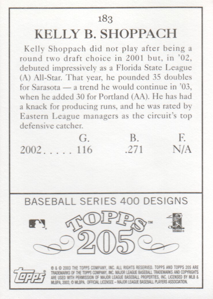 2003 Topps 205 #183 Kelly Shoppach FY RC back image