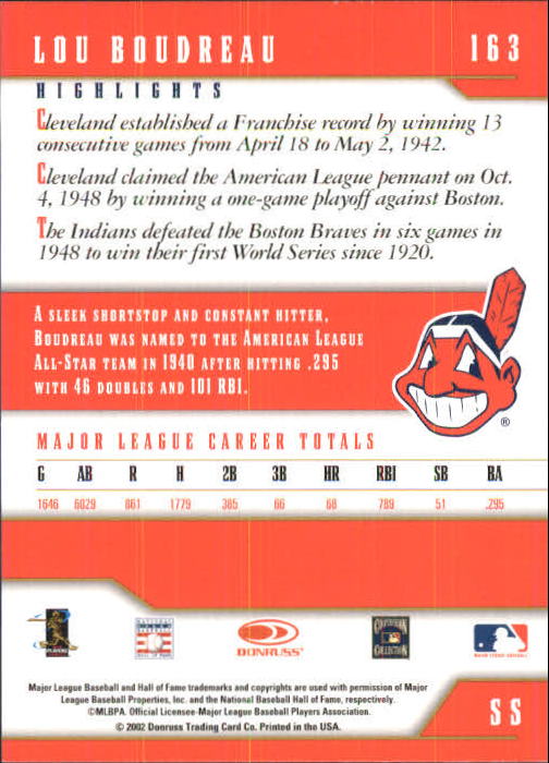 2003 Donruss Team Heroes #163 Lou Boudreau back image