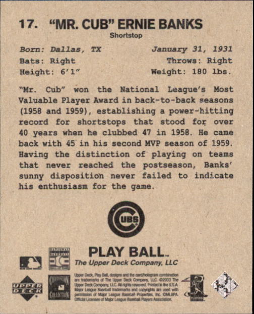 2003 Upper Deck Play Ball 1941 Series #17 Ernie Banks back image
