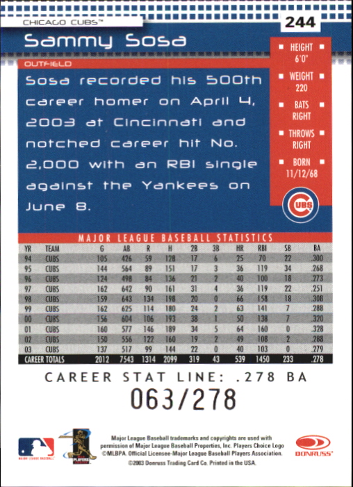 2004 Donruss Stat Line Career #244 Sammy Sosa/278 back image