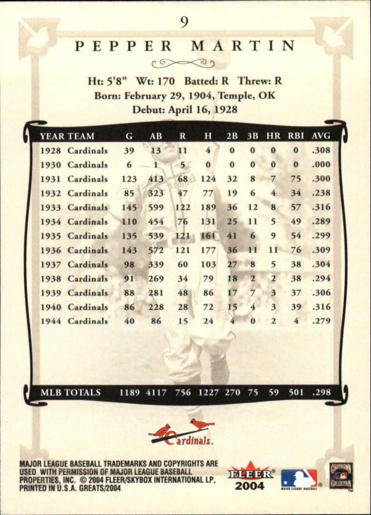 2004 Greats of the Game #9 Pepper Martin back image