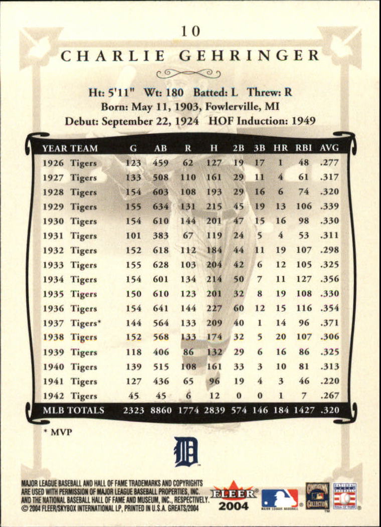 2004 Greats of the Game #10 Charlie Gehringer back image