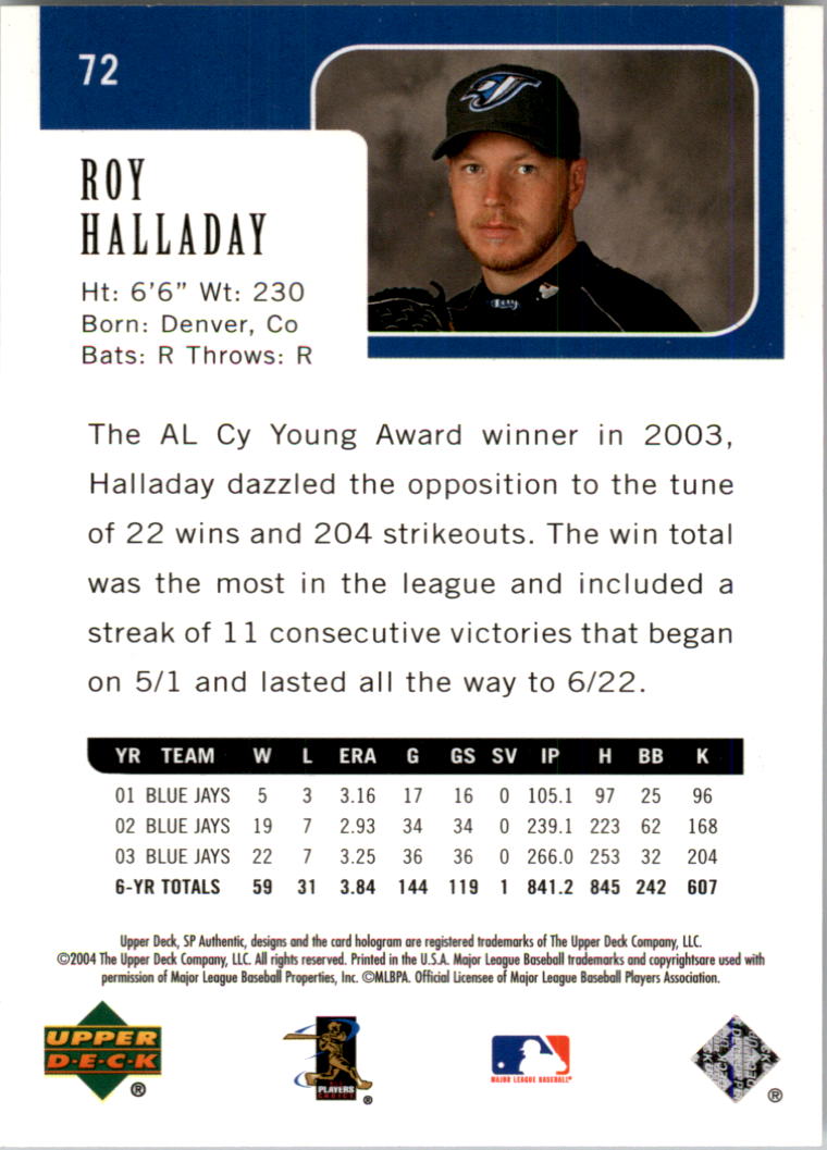 2004 SP Authentic #72 Roy Halladay back image