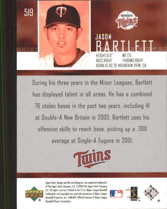 2004 Upper Deck #519 Jason Bartlett SR RC back image