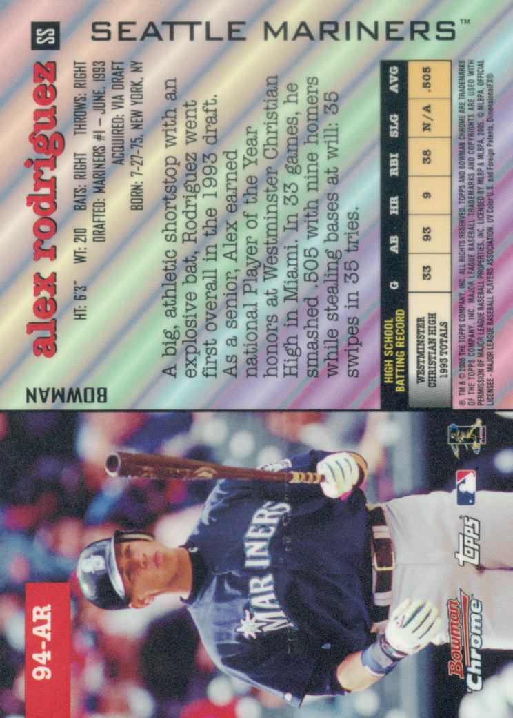 2005 Bowman Chrome A-Rod Throwback #94AR Alex Rodriguez 1994 back image