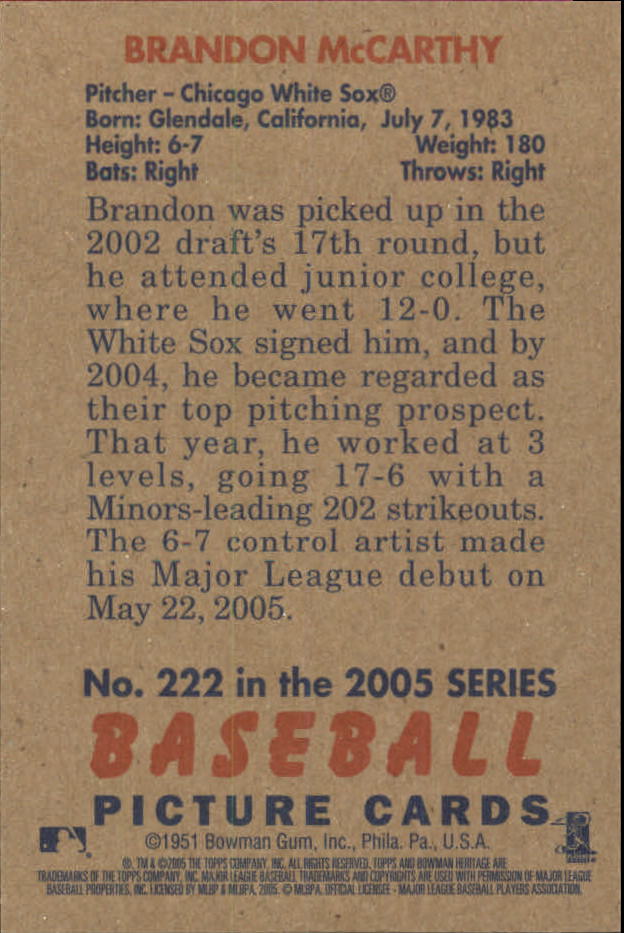 2005 Bowman Heritage Mini #222 Brandon McCarthy back image
