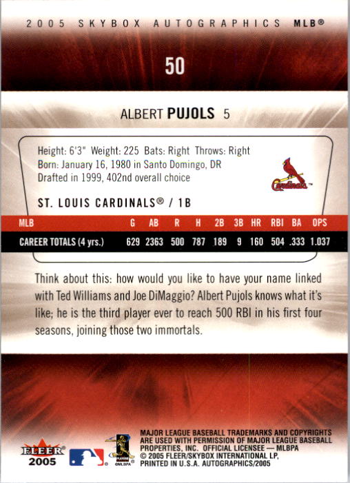 2005 SkyBox Autographics #50 Albert Pujols back image
