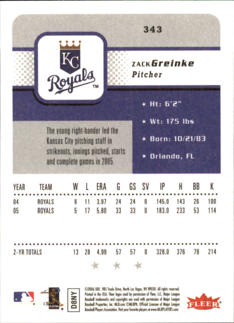 2006 Fleer #343 Zack Greinke back image