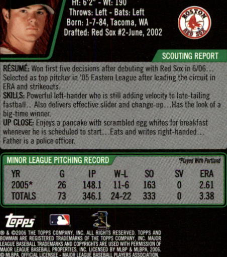 2006 Bowman Draft #22 Jon Lester RC back image