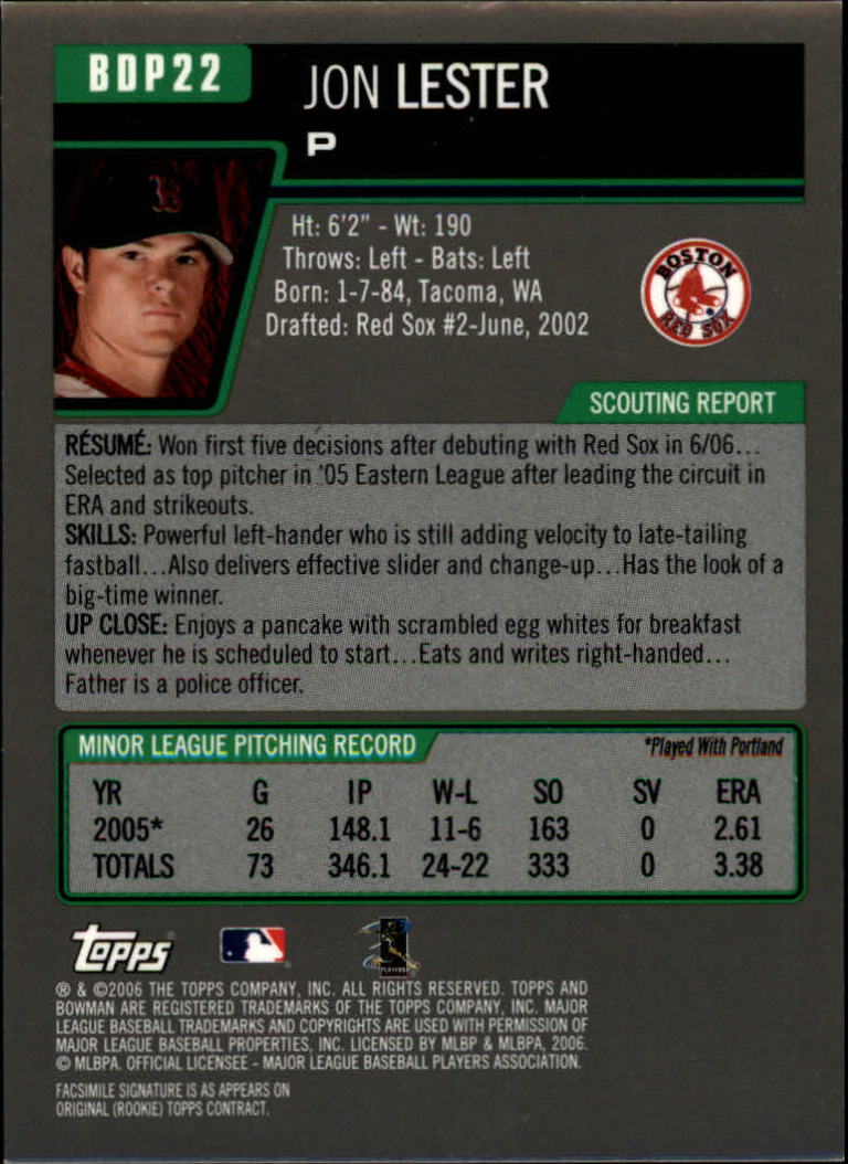 2006 Bowman Draft Gold #22 Jon Lester back image