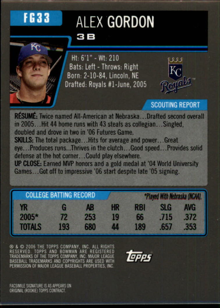 2006 Bowman Draft Future's Game Prospects Gold #33 Alex Gordon back image