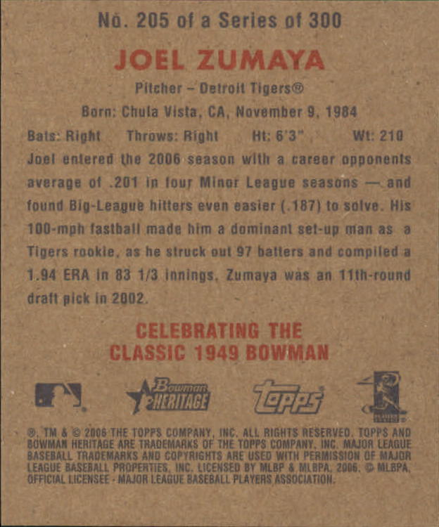 2006 Bowman Heritage Mini #205 Joel Zumaya back image