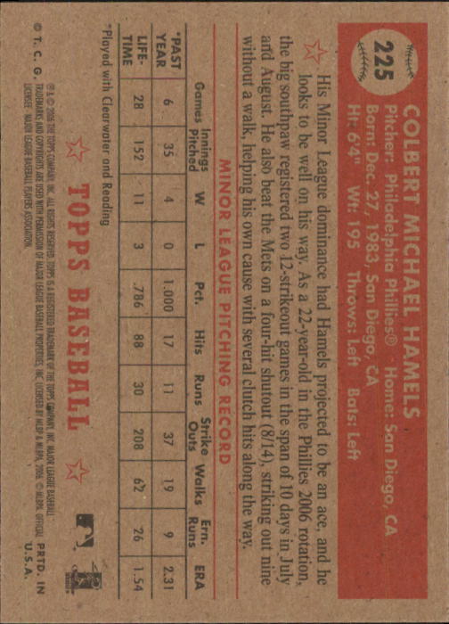 2006 Topps 52 #225A Cole Hamels (RC) back image