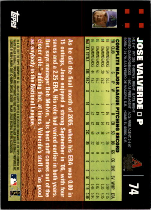 2007 Topps #74 Jose Valverde back image
